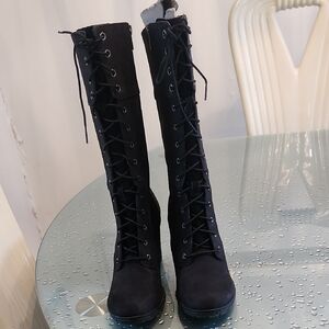 Timberland Black Lace-Up Knee-High Boots